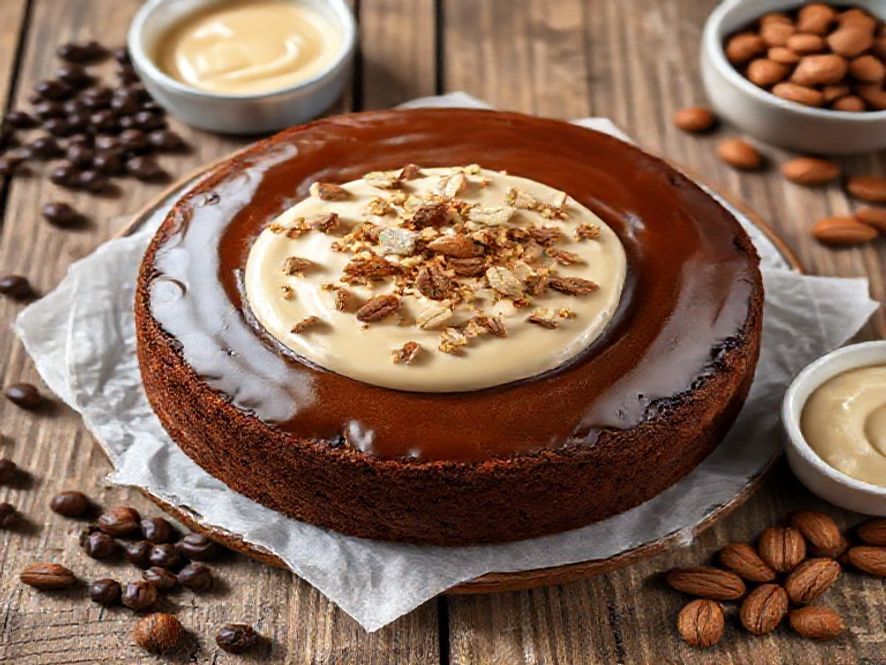 Bolo de Café com Creme de Avelã e Crocante de Amêndoas