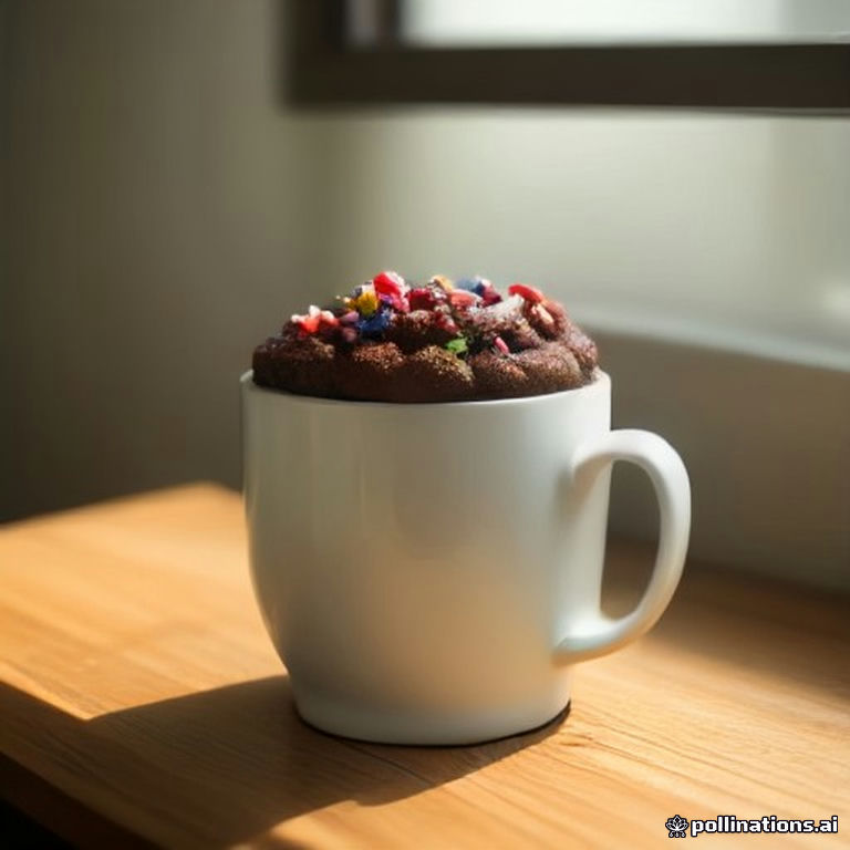 Bolo de caneca de chocolate recém-saído do micro‑ondas, com superfície fofa e brilhante, decorado com confeitos coloridos