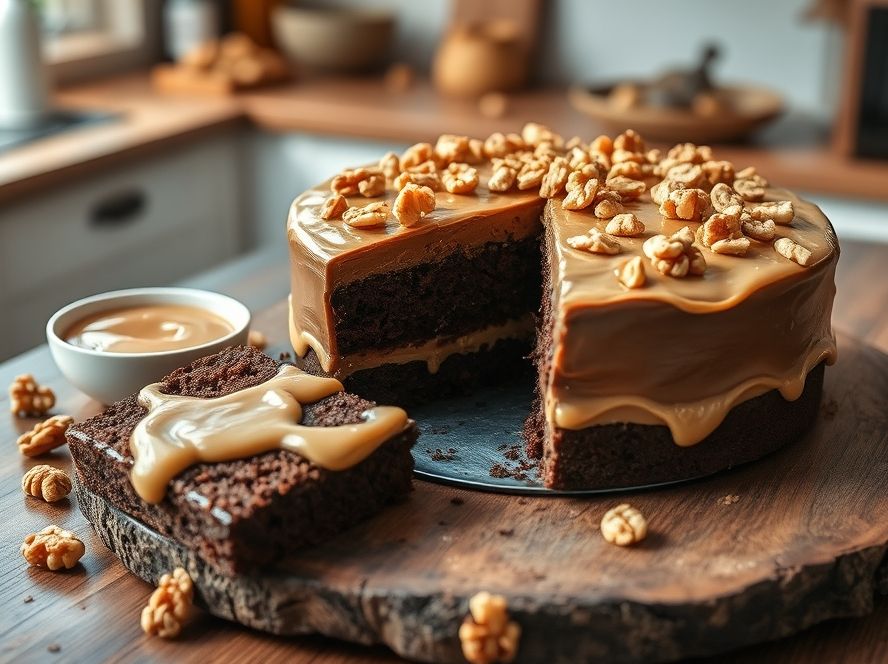 Bolo de Chocolate Delícia com Doce de Leite e Nozes