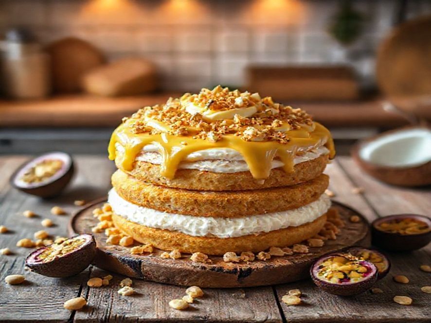Bolo de Coco com Creme de Maracujá e Crocante de Castanha de Caju
