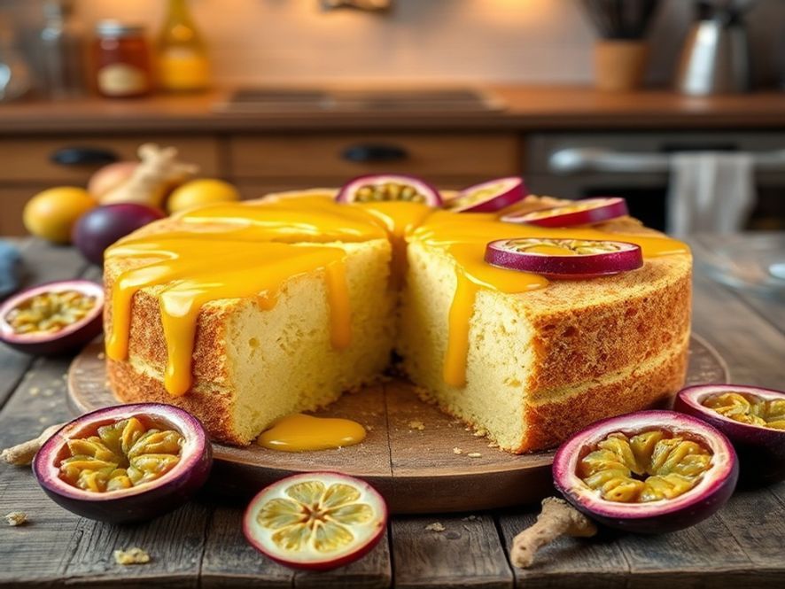 Bolo de Fubá Cremoso com Calda de Maracujá e Gengibre