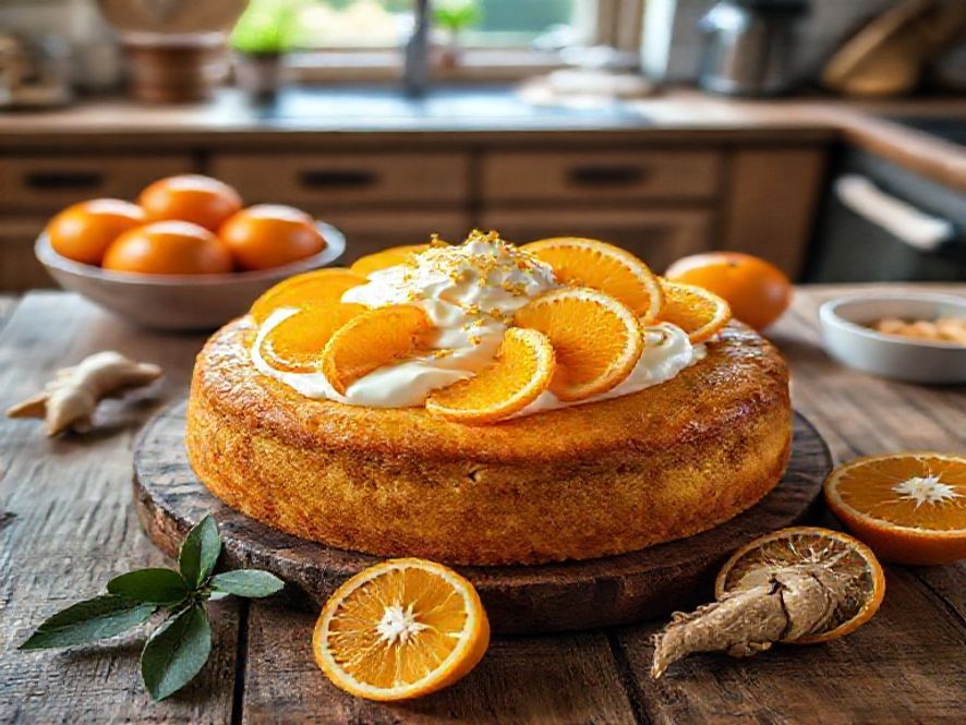 Bolo de Laranja com Gengibre e Cobertura de Iogurte Grego