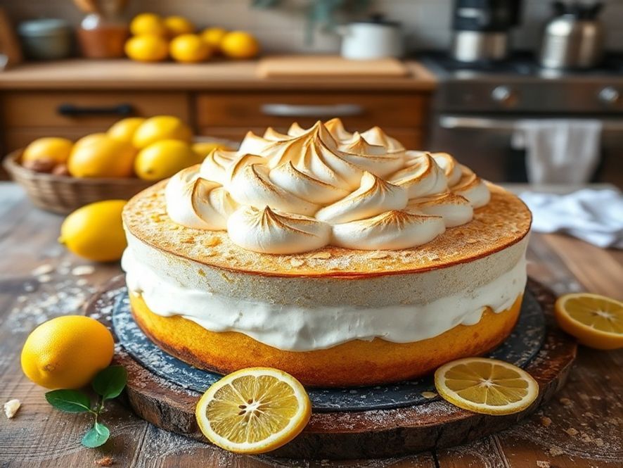 Bolo de Limão Siciliano com Merengue Italiano e Crocante de Amêndoas