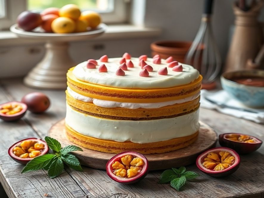 Bolo de Maracujá com Mousse de Chocolate Branco e Pimenta Rosa