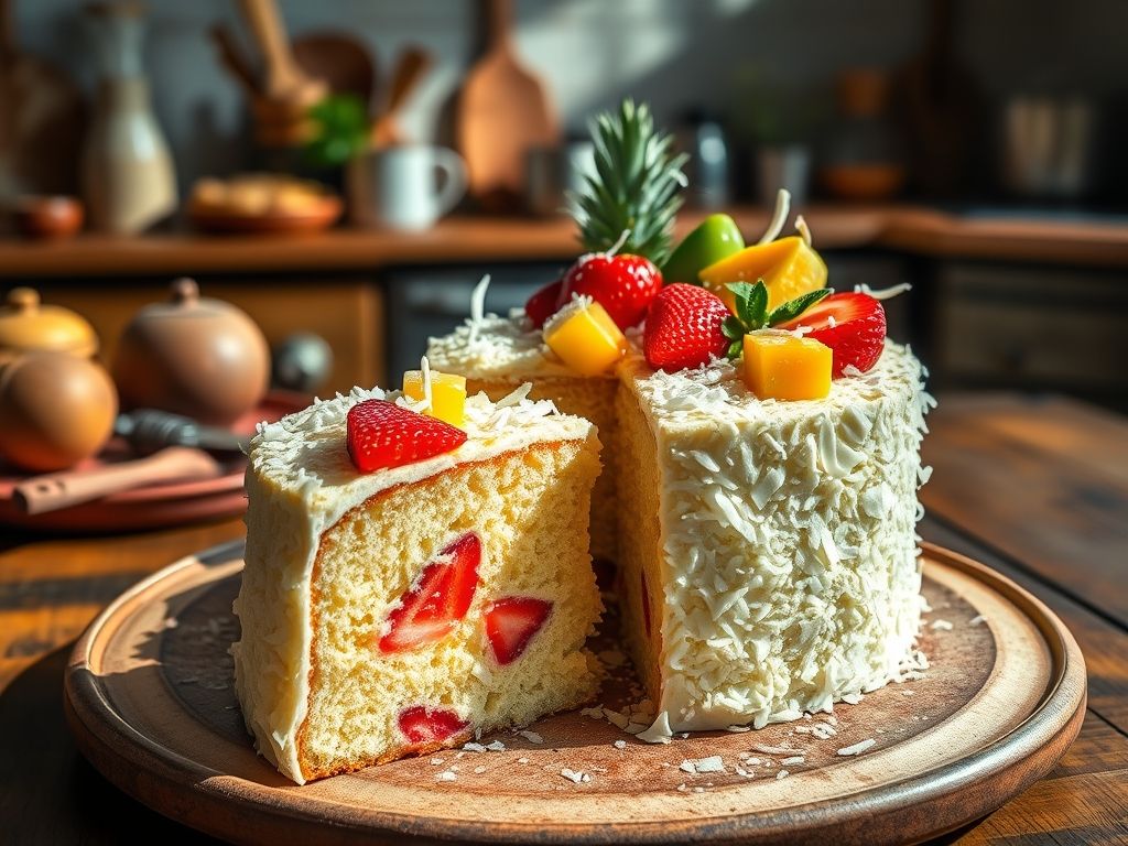 Bolo de Tapioca Tropical com Coco e Frutas