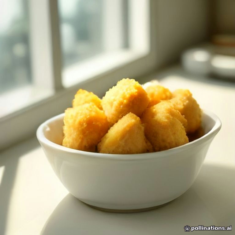 Nuggets de frango dourados e crocantes dispostos em um prato branco, ao lado de molho de iogurte, luz natural suave