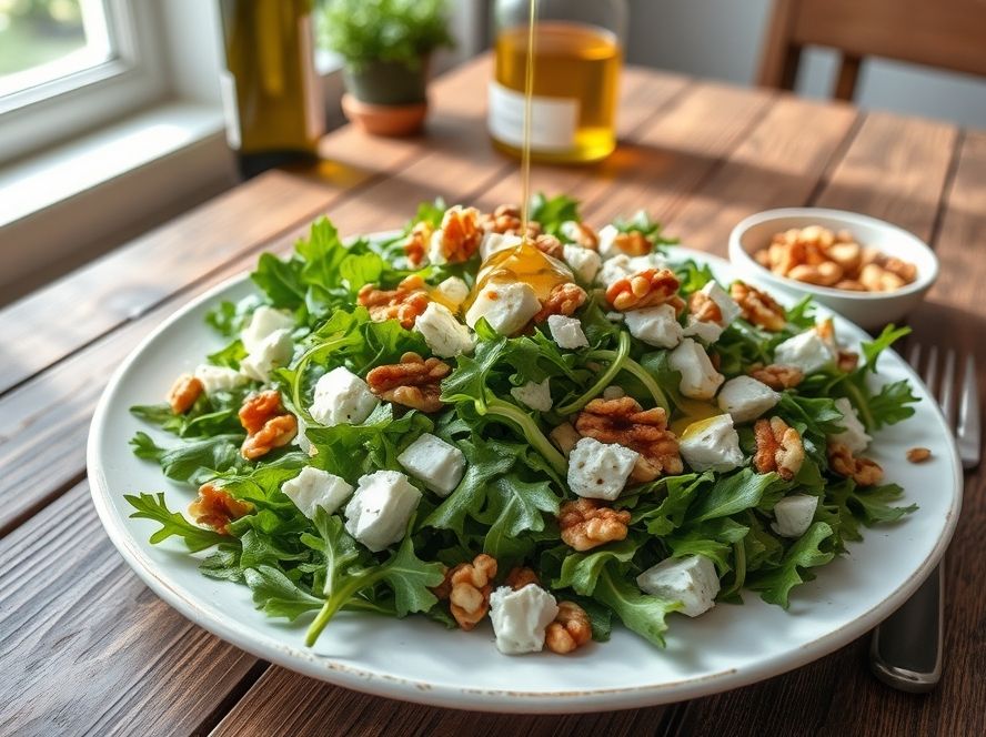 Salada de Rúcula com Nozes, Queijo e Azeite Low Carb