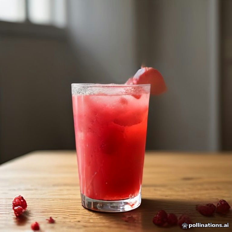 Copo de suco de framboesa natural com limonada, cor vermelha vibrante, gelo e frutas decorativas, sobre mesa de madeira ao ar livre
