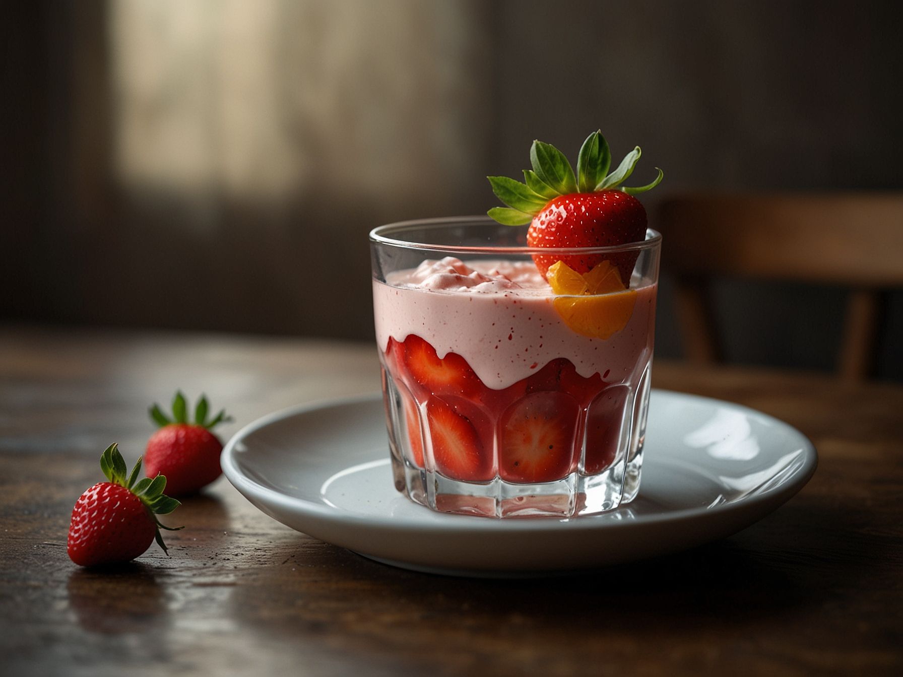 Verrine de Morango com Shake de Laranja e Gengibre Energético