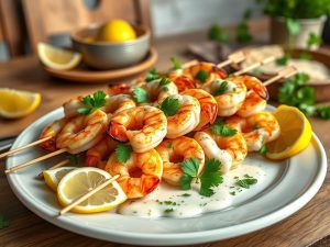 Espetinho de Camarão Low Carb com Molho de Alho e Limão