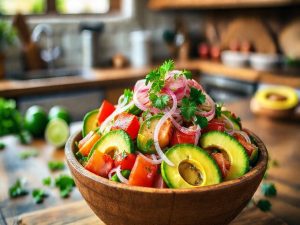 Salada de Abacate Tropical com Tomate e Cebola Low Carb