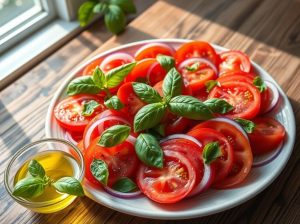 Salada de tomate com cebola e manjericão low carb