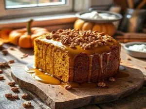 Bolo de Abóbora com Calda de Mel e Crocante de Nozes